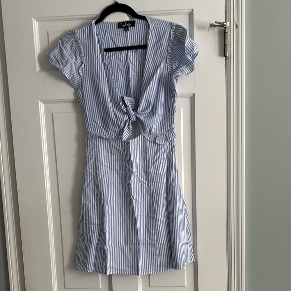 Navy Blue and White Striped Tie-Front Dress - Picture 2 of 5